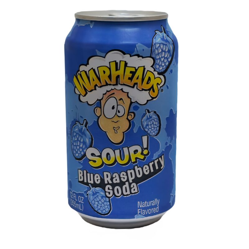 قوطی آبی نوشابه وارهدز طعم بلو رزبری با طراحی فانتزی و لوگوی Warheads
